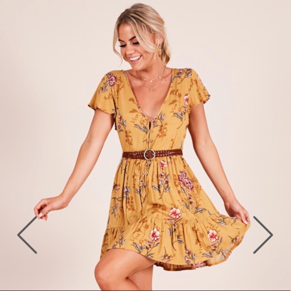 Showpo Floating Wishes Dress in Mustard Floral